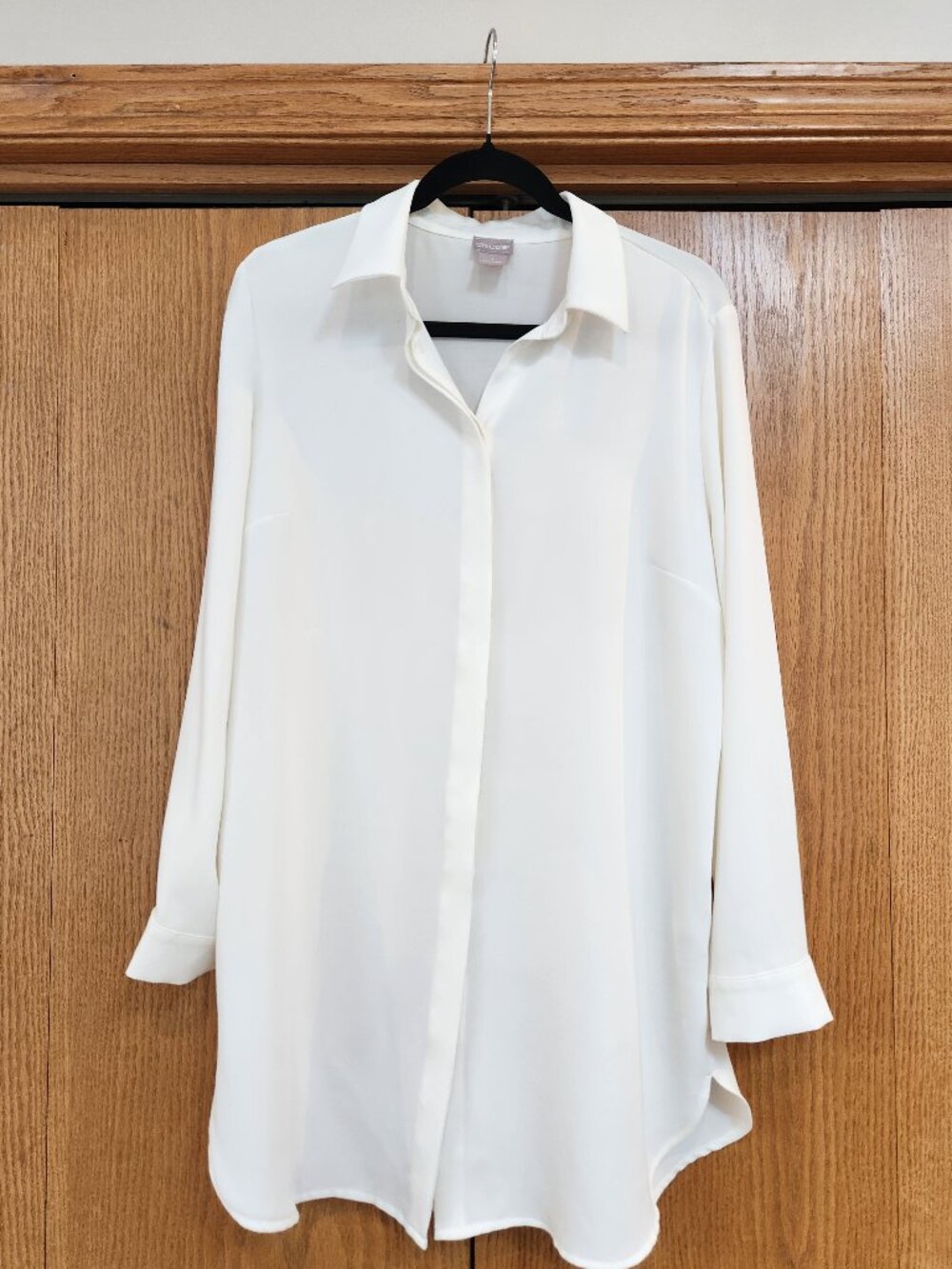 Chico's Women's Pleat Back Long Sleeve Collared, Tunic Blouse In Ecru Size 1